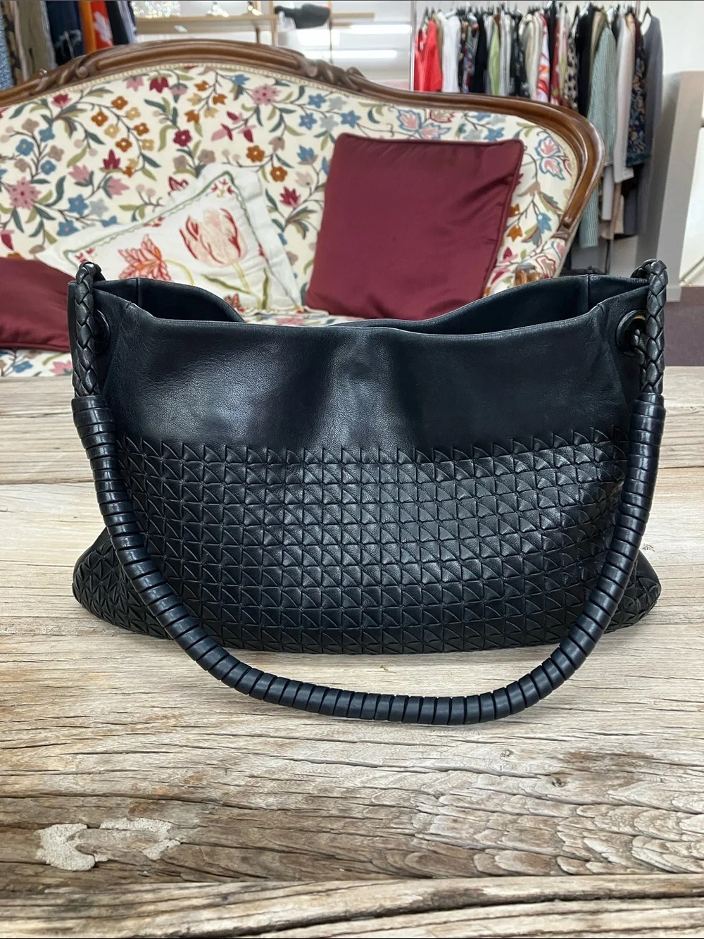 Authentic Bottega Venetta Black Woven Leather Hobo Bag